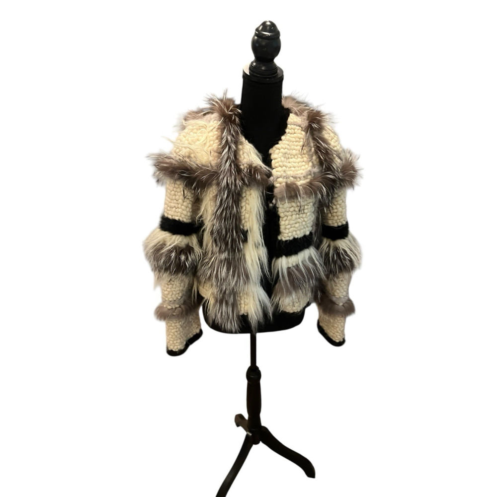 Women's Cream and Brown Fur-Trimmed Jacket
